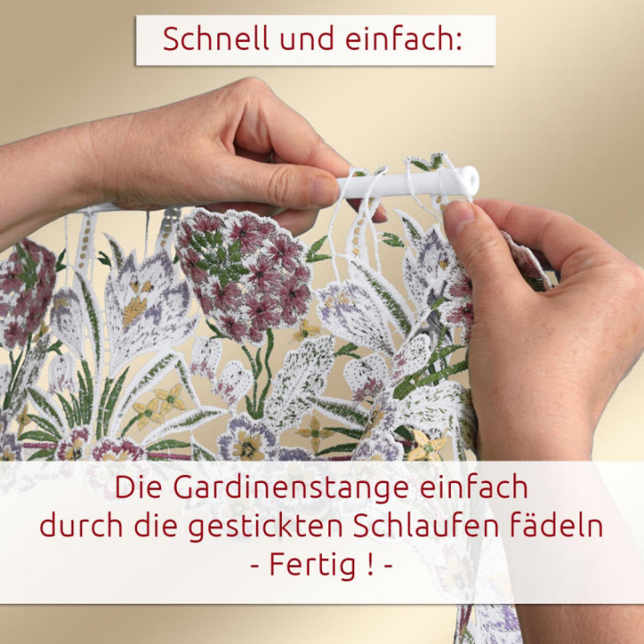 Feenhaus-Scheibengardine Frühlingstraum Plauener Spitze Blumen 19 cm