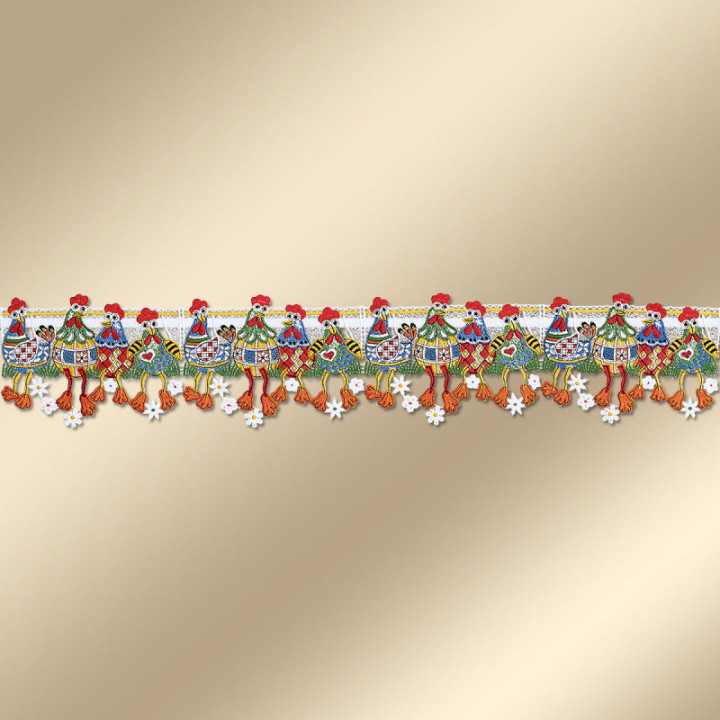 Feenhaus-Spitzengardine lustige Hühnerbande Plauener Spitze 14 cm hoch