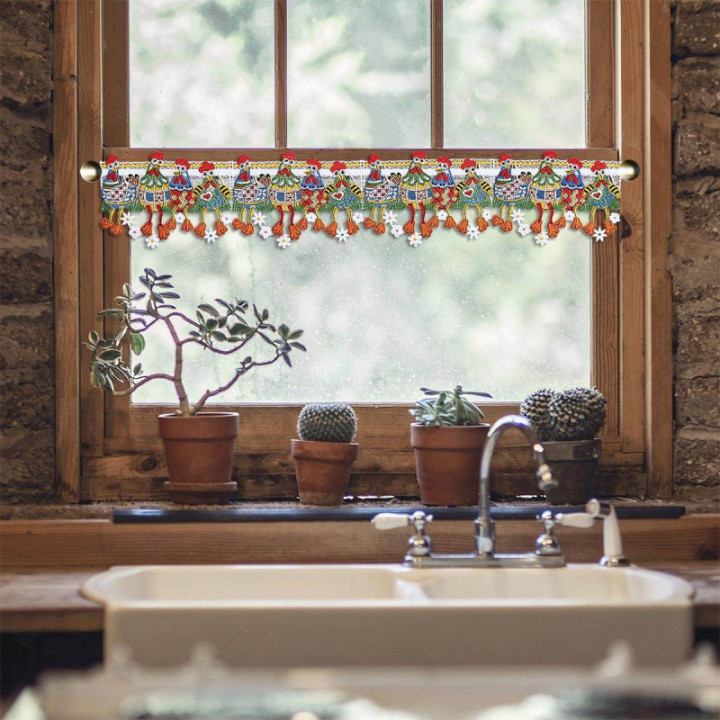 Feenhaus-Spitzengardine lustige Hühnerbande Plauener Spitze 14 cm hoch