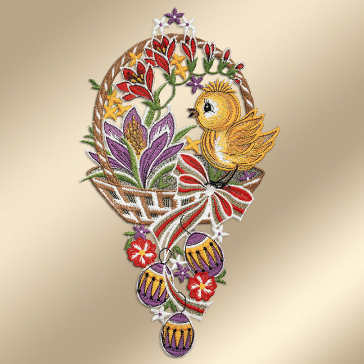 Fensterbild Küken im Osterkorb - Vogtländische Spitze - 33x18 cm