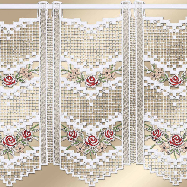 Feenhaus-Scheibengardine Rosalie in rot aus Echter Plauener Spitze