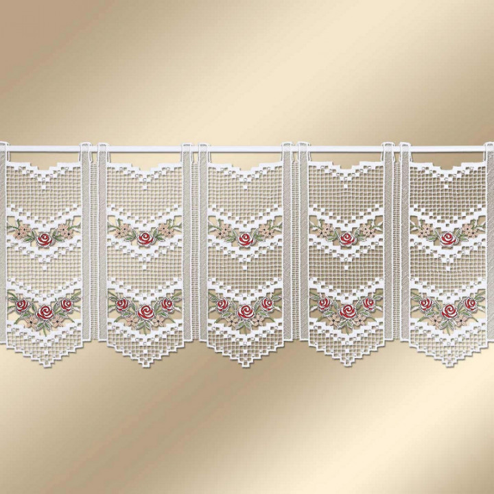 Feenhaus-Scheibengardine Rosalie in rot aus Echter Plauener Spitze
