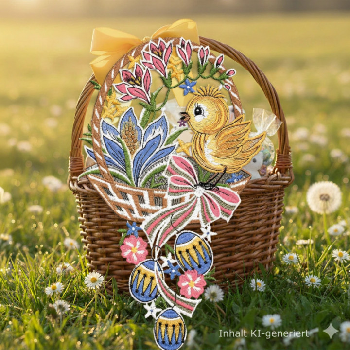 Fensterbild Küken im Osterkorb | Vogtländische Spitze Blau & Bunt | Frühlingsdeko Ostern HxB 33x18 cm
