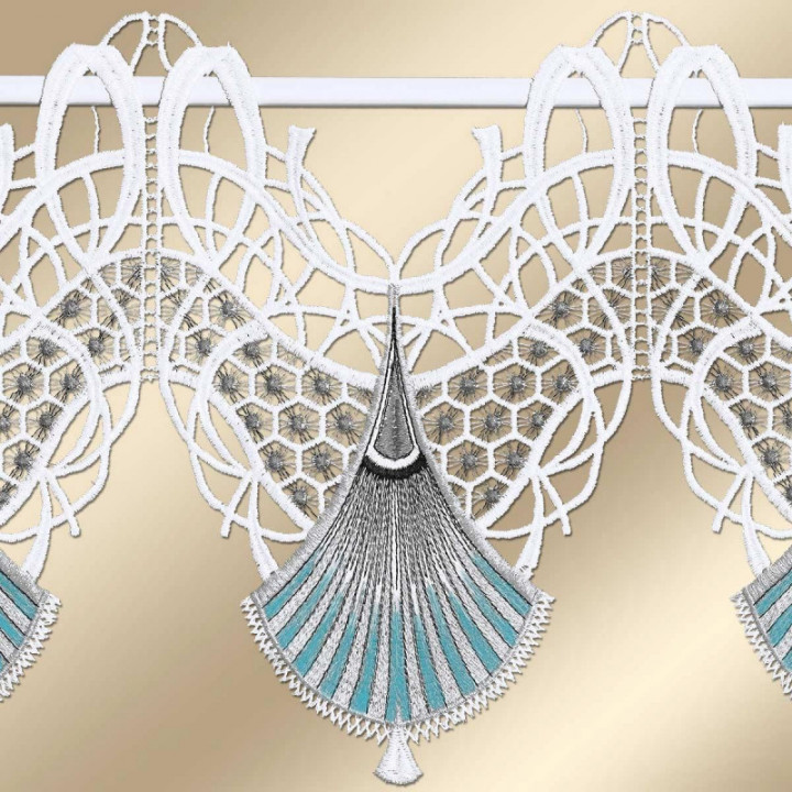 Feenhaus-Scheibengardine Romina in blau aus Echter Plauener Spitze