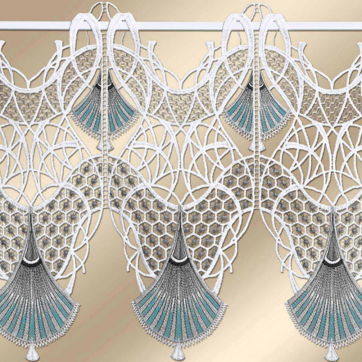 Feenhaus-Scheibengardine Romina in blau aus Echter Plauener Spitze