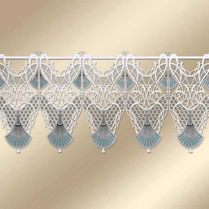 Feenhaus-Scheibengardine Romina in blau aus Echter Plauener Spitze