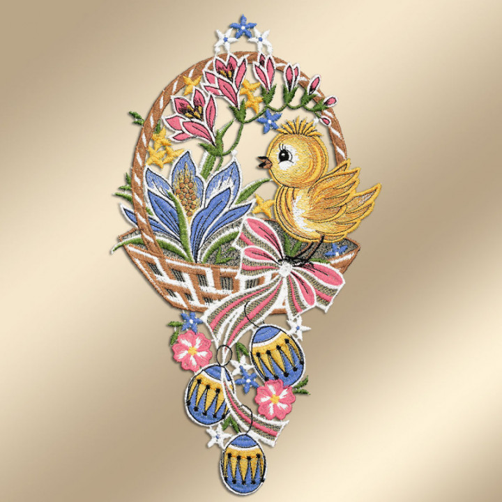 Fensterbild Küken im Osterkorb | Vogtländische Spitze Blau & Bunt | Frühlingsdeko Ostern HxB 33x18 cm