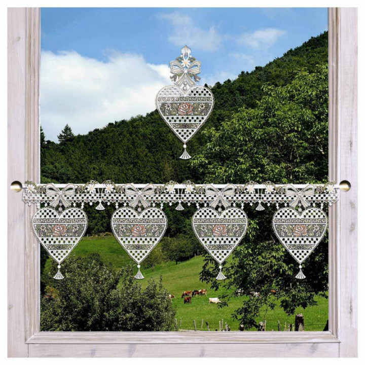 Feenhaus-Scheibengardine Herz Annemarie Plauener Spitze antik-farben