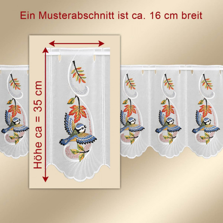 Bestickte Scheibengardine Herbstwind mit Vogel Plauener Spitze
