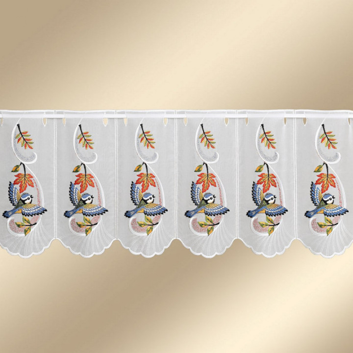 Bestickte Scheibengardine Herbstwind mit Vogel Plauener Spitze