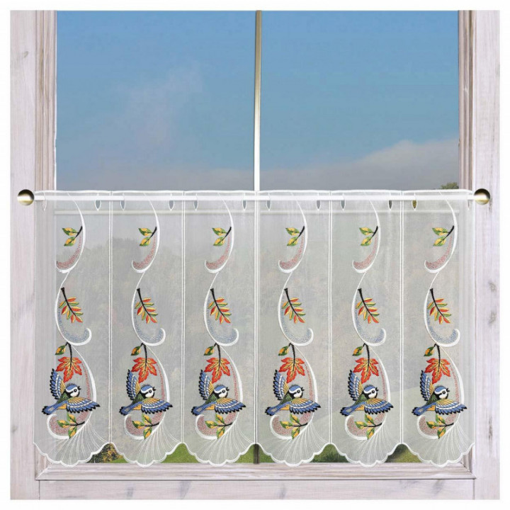 Bestickte Scheibengardine Herbstwind mit Vogel Plauener Spitze