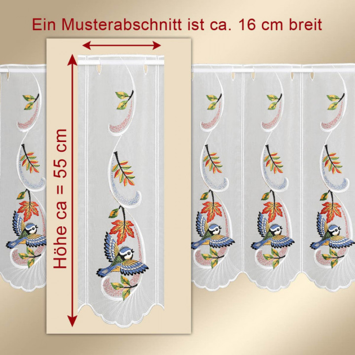 Bestickte Scheibengardine Herbstwind mit Vogel Plauener Spitze