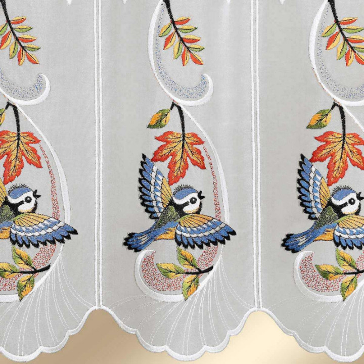 Bestickte Scheibengardine Herbstwind mit Vogel Plauener Spitze