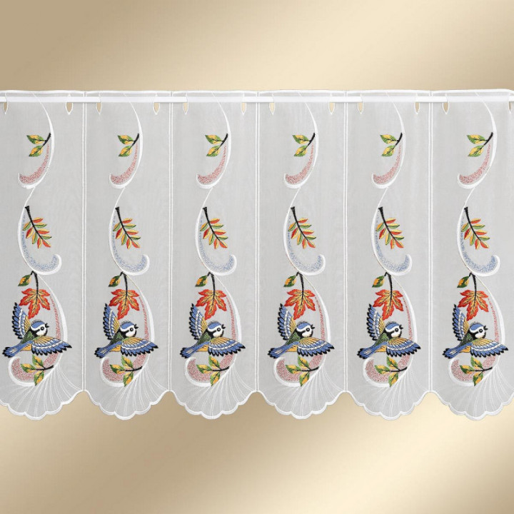 Bestickte Scheibengardine Herbstwind mit Vogel Plauener Spitze