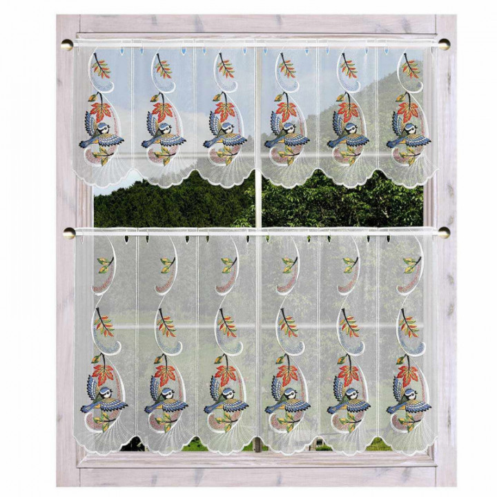 Bestickte Scheibengardine Herbstwind mit Vogel Plauener Spitze