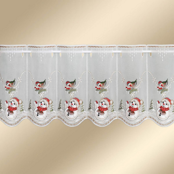 Bestickte Scheibengardine Winterspaß mit Schneemann Plauener Spitze