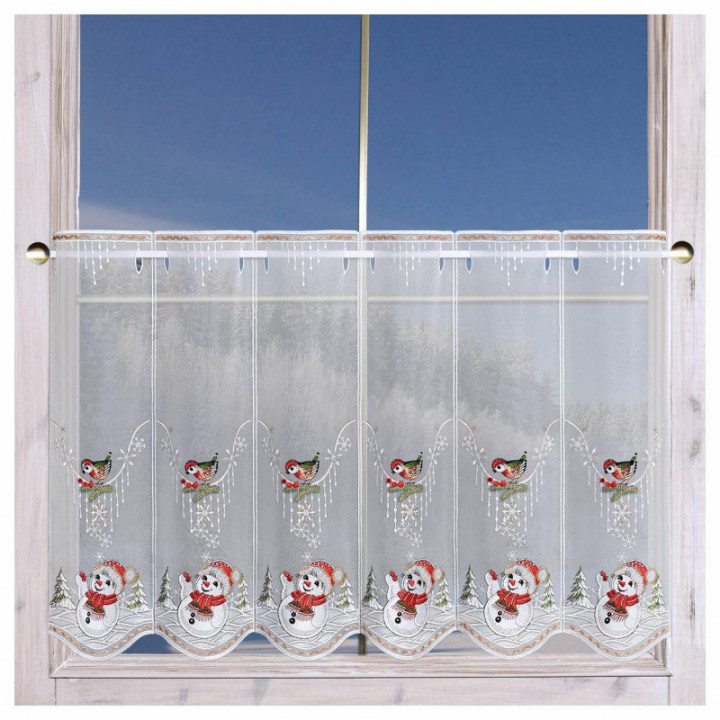Bestickte Scheibengardine Winterspaß mit Schneemann Plauener Spitze