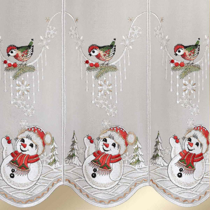 Bestickte Scheibengardine Winterspaß mit Schneemann Plauener Spitze