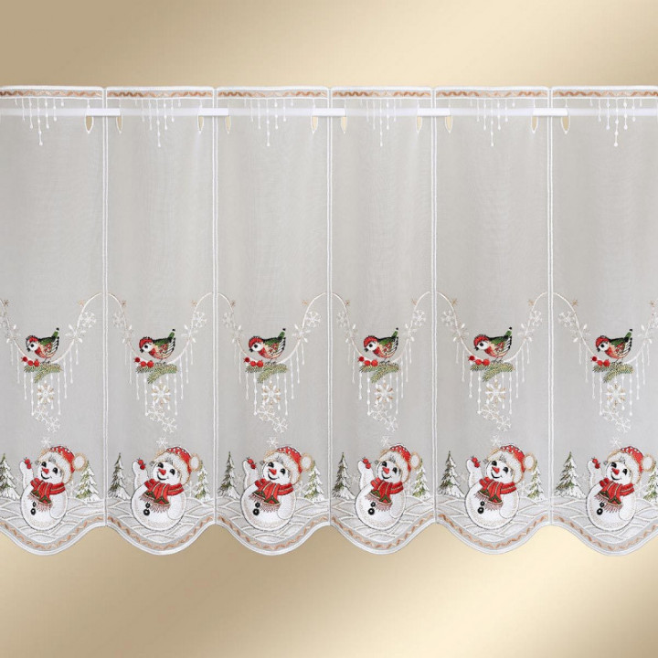 Bestickte Scheibengardine Winterspaß mit Schneemann Plauener Spitze