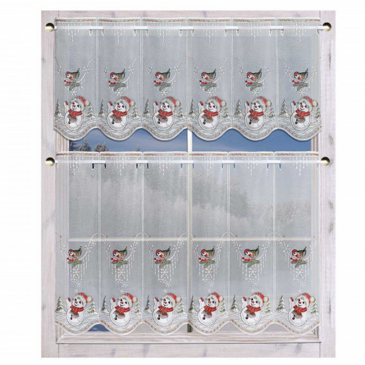 Bestickte Scheibengardine Winterspaß mit Schneemann Plauener Spitze