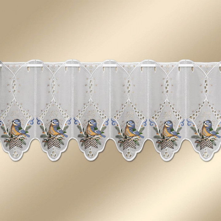 Bestickte Scheibengardine Wintervögel Plauener Spitze