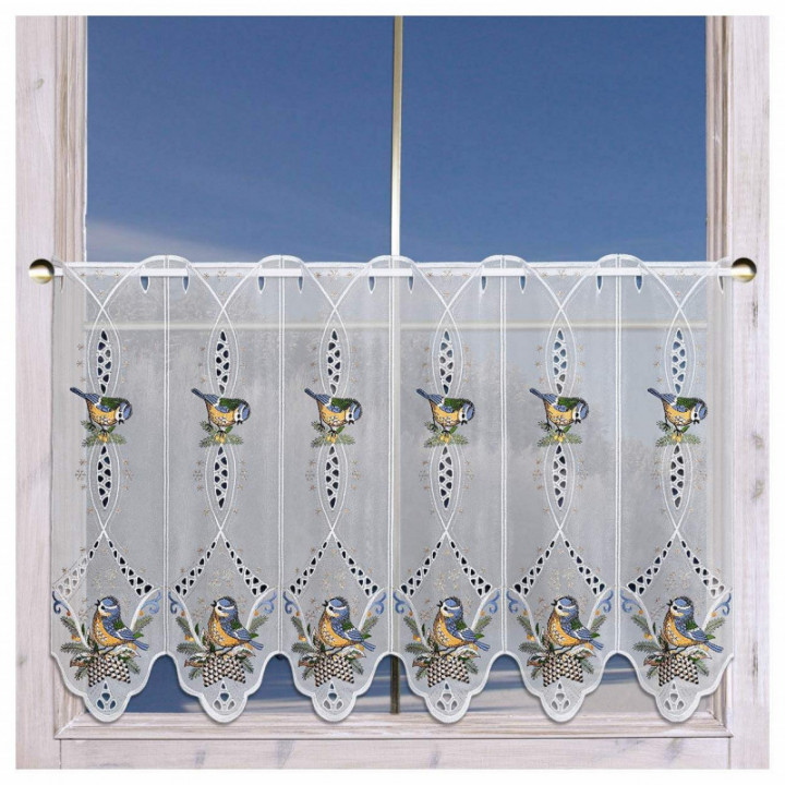 Bestickte Scheibengardine Wintervögel Plauener Spitze