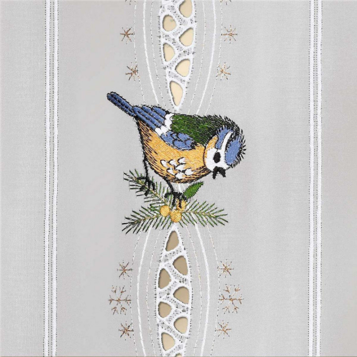 Bestickte Scheibengardine Wintervögel Plauener Spitze