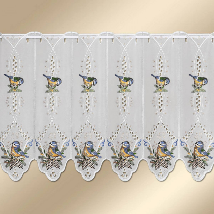 Bestickte Scheibengardine Wintervögel Plauener Spitze