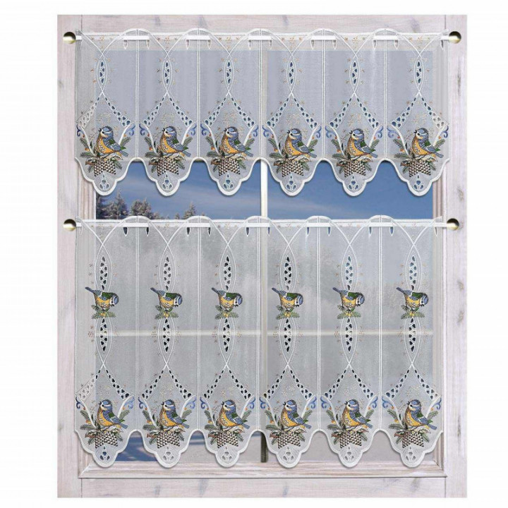 Bestickte Scheibengardine Wintervögel Plauener Spitze