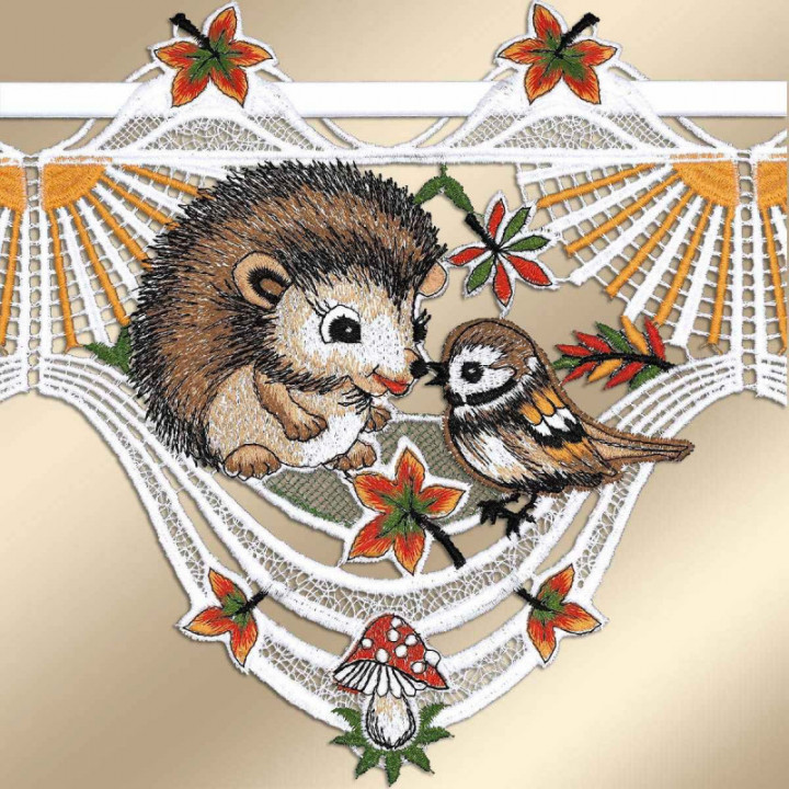 Feenhausgardine Igel mit Vögelchen im Sonnenschein Plauener Spitze