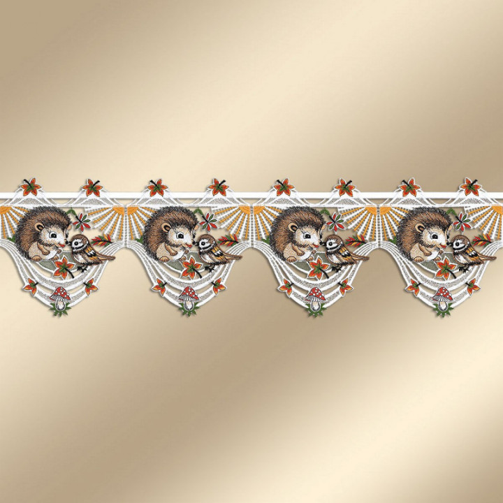 Feenhausgardine Igel mit Vögelchen im Sonnenschein Plauener Spitze