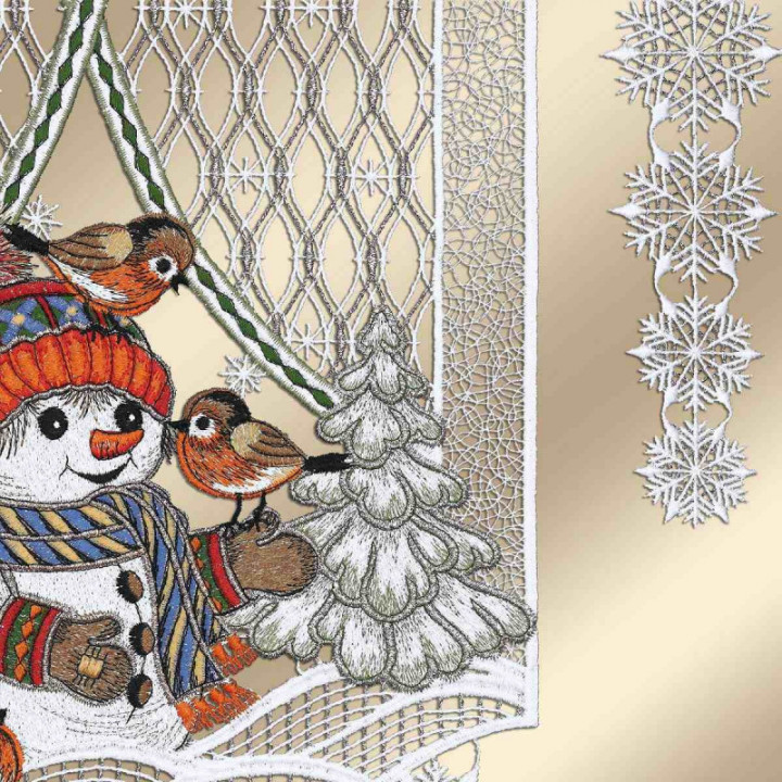 Scheibenhänger Fröhliche Winterzeit mit Schneemann Plauener Spitze