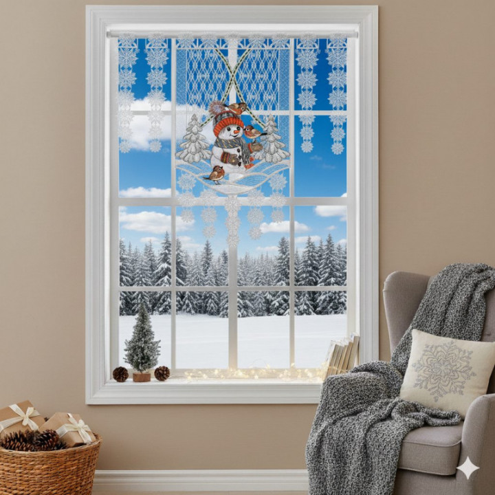 Scheibenhänger Fröhliche Winterzeit mit Schneemann Plauener Spitze