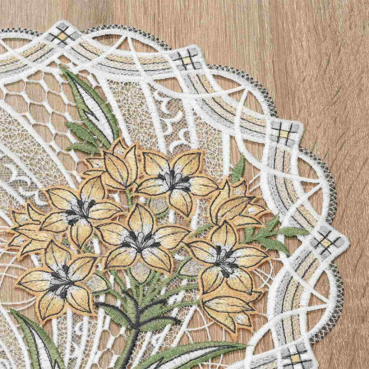 Deckchen Florica Echte Plauener Spitze Tischdecke mit Blumen orange