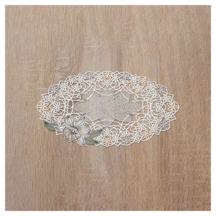 Deckchen Orchidee Plauener Spitze Tischdecke mit Blumen in creme