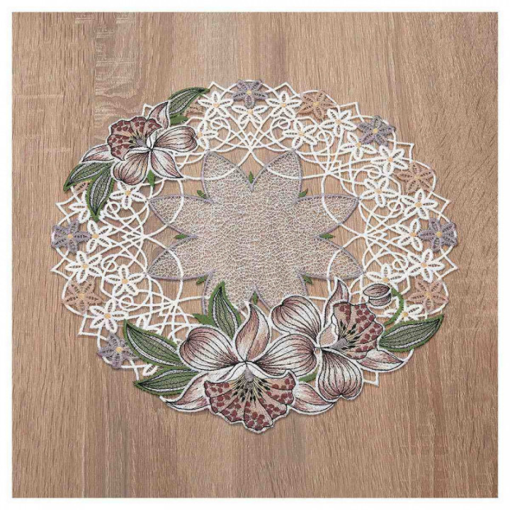 Deckchen Orchidee Plauener Spitze Tischdecke mit Blumen in rosé