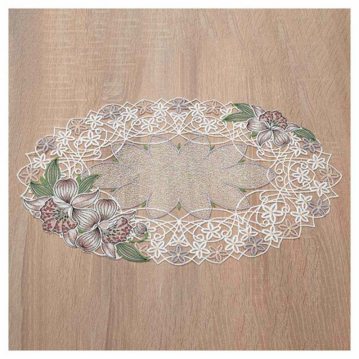 Deckchen Orchidee Plauener Spitze Tischdecke mit Blumen in rosé