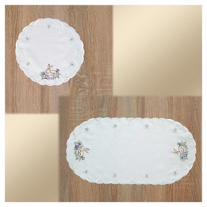 Bestickte Deckchen Häschen im Gras Echte Plauener Spitze Tischdecke