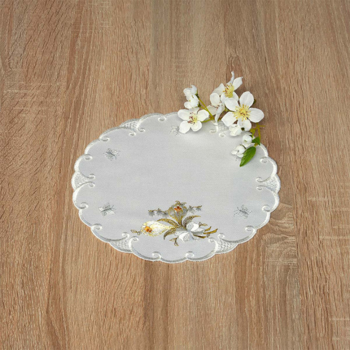 Bestickte Deckchen Frühlingsgruß Echte Plauener Spitze Tischdecke