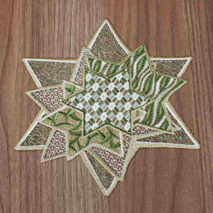 Winter-Deckchen Sternenzauber Plauener Spitze grün 3er Set