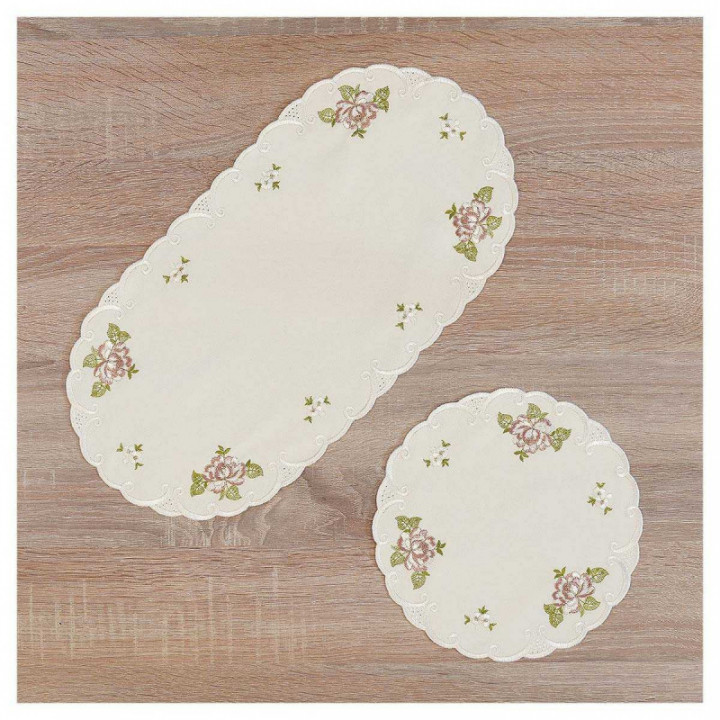 Deckchen Röslein Plauener Spitze Tischdecke in natur mit Rosen in rot