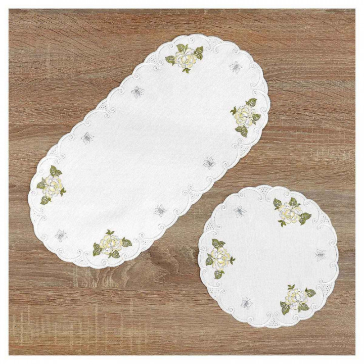 Deckchen Röslein Plauener Spitze Tischdecke in weiß mit Rosen gelb