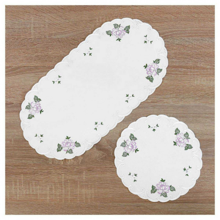 Deckchen Röslein Plauener Spitze Tischdecke in weiß mit Rosen lila