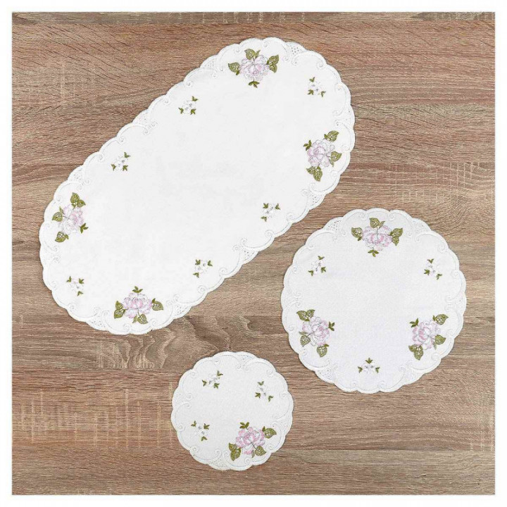 Deckchen Röslein Plauener Spitze Tischdecke in weiß mit Rosen rosa