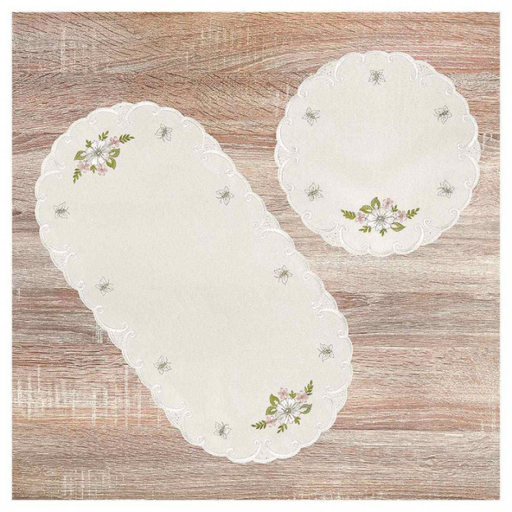 Deckchen Margeriten Plauener Spitze Tischdecke natur mit Blumen rosa