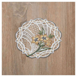Deckchen Florica Echte Plauener Spitze Tischdecke mit Blumen orange