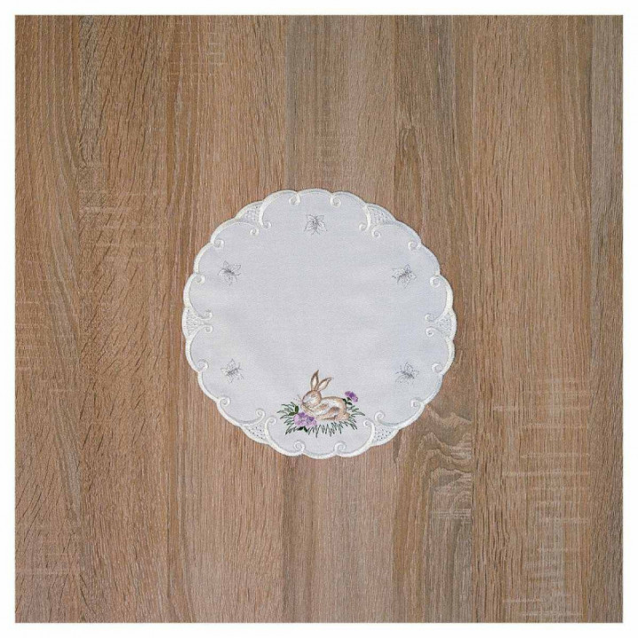 Bestickte Deckchen Häschen im Gras Echte Plauener Spitze Tischdecke