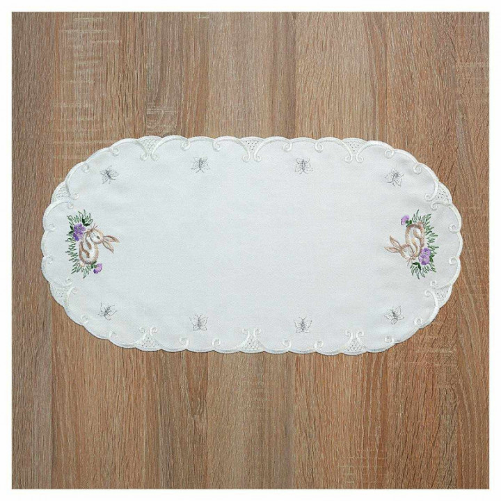 Bestickte Deckchen Häschen im Gras Echte Plauener Spitze Tischdecke