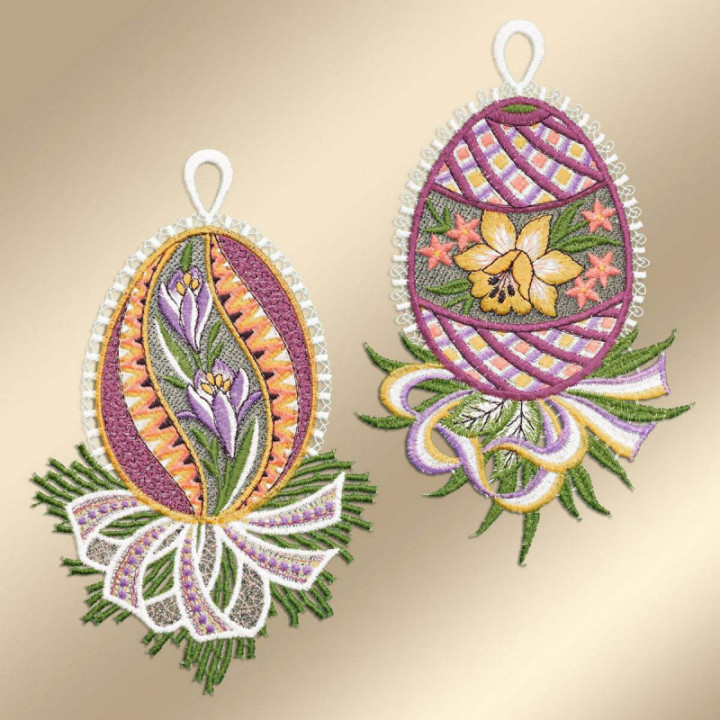Fensterbilder 2er Set Ostereier Krokus & Narzisse - vogtländische Spitze 21x13 cm
