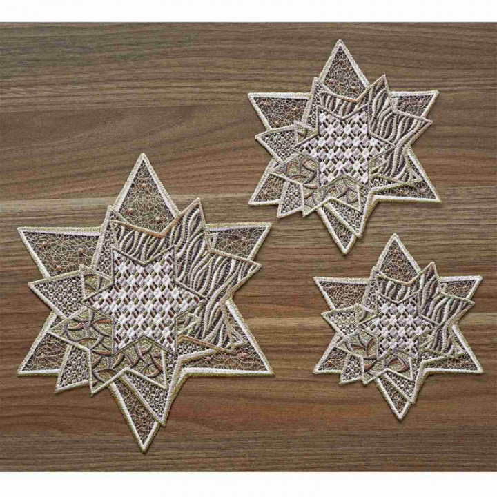 Winter-Deckchen Sternenzauber Plauener Spitze beige 3er Set